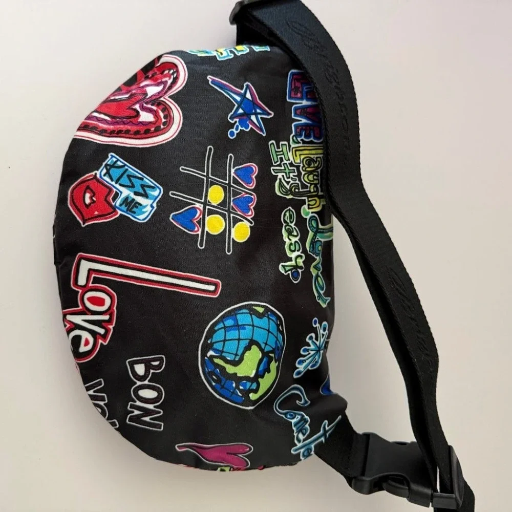 Brighton Belt Bag Fanny Pack Black Nylon Graffiti Heart Star Love Print Adjustab